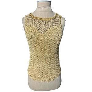 Joanna USA Yellow Gold Sleeveless Sweater Open Knit Rhinestones Size Small